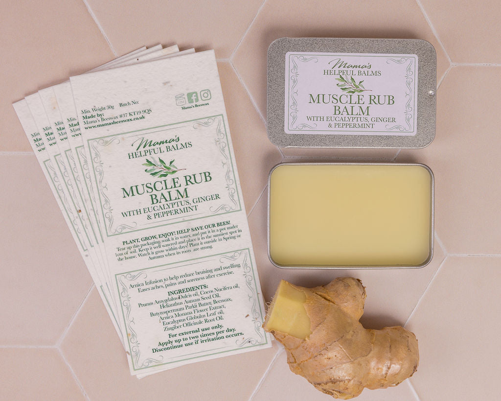 Helpful Balm with a piece of root ginger and display of seeded paper labels on a tiled surface