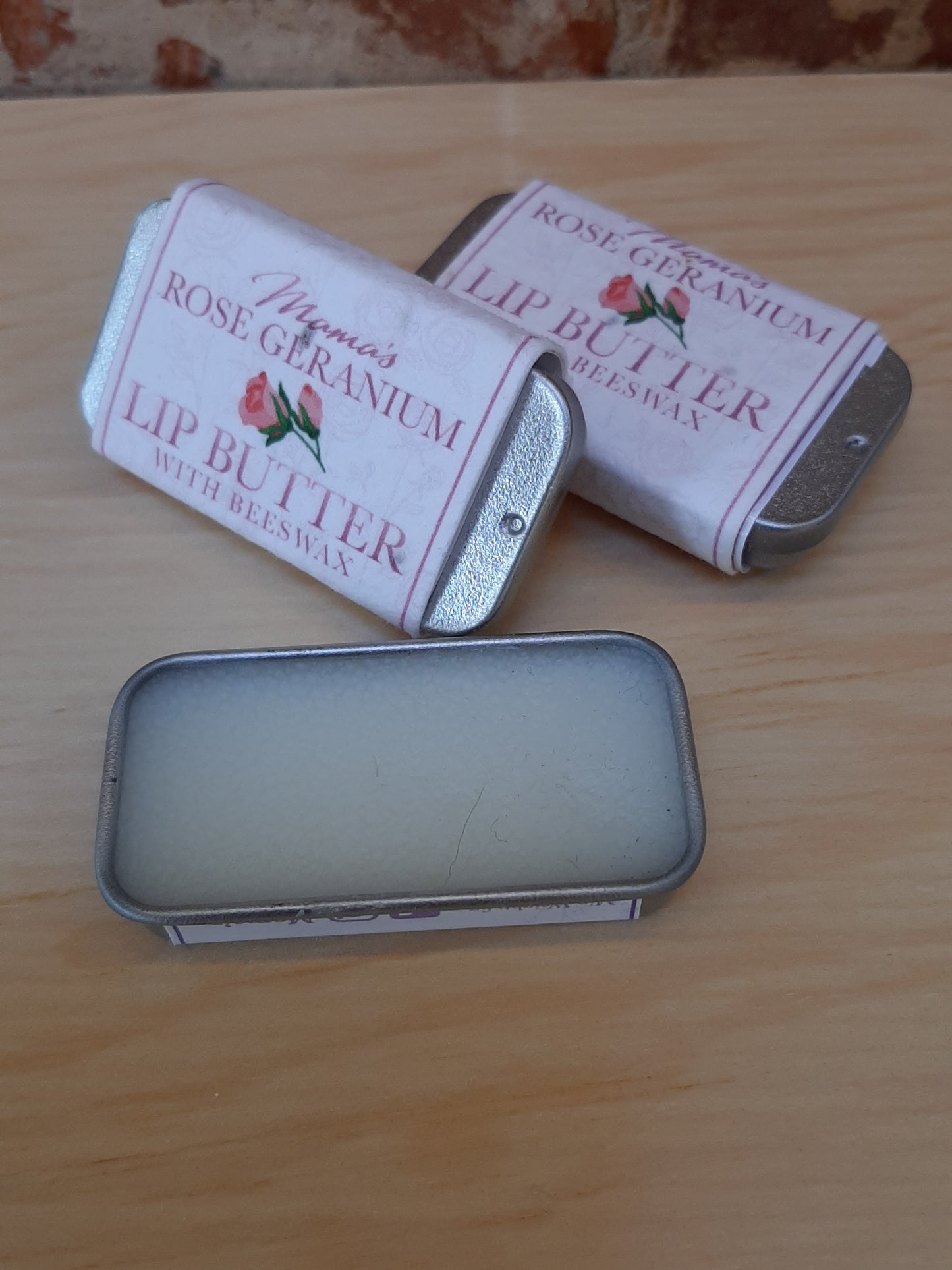 rose geranium beeswax lip balm in eco-friendly packaging