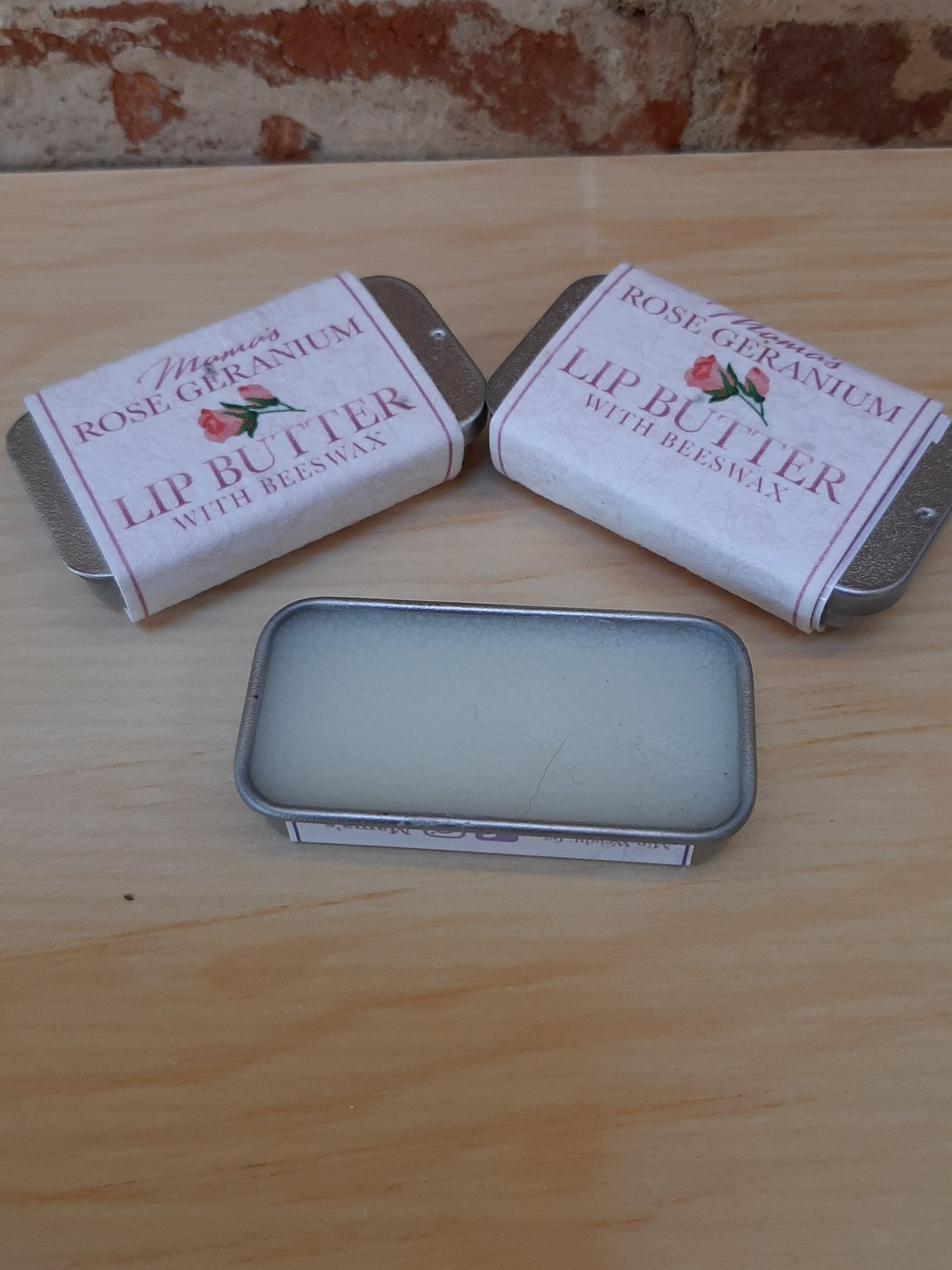rose geranium beeswax lip balm in eco-friendly packaging
