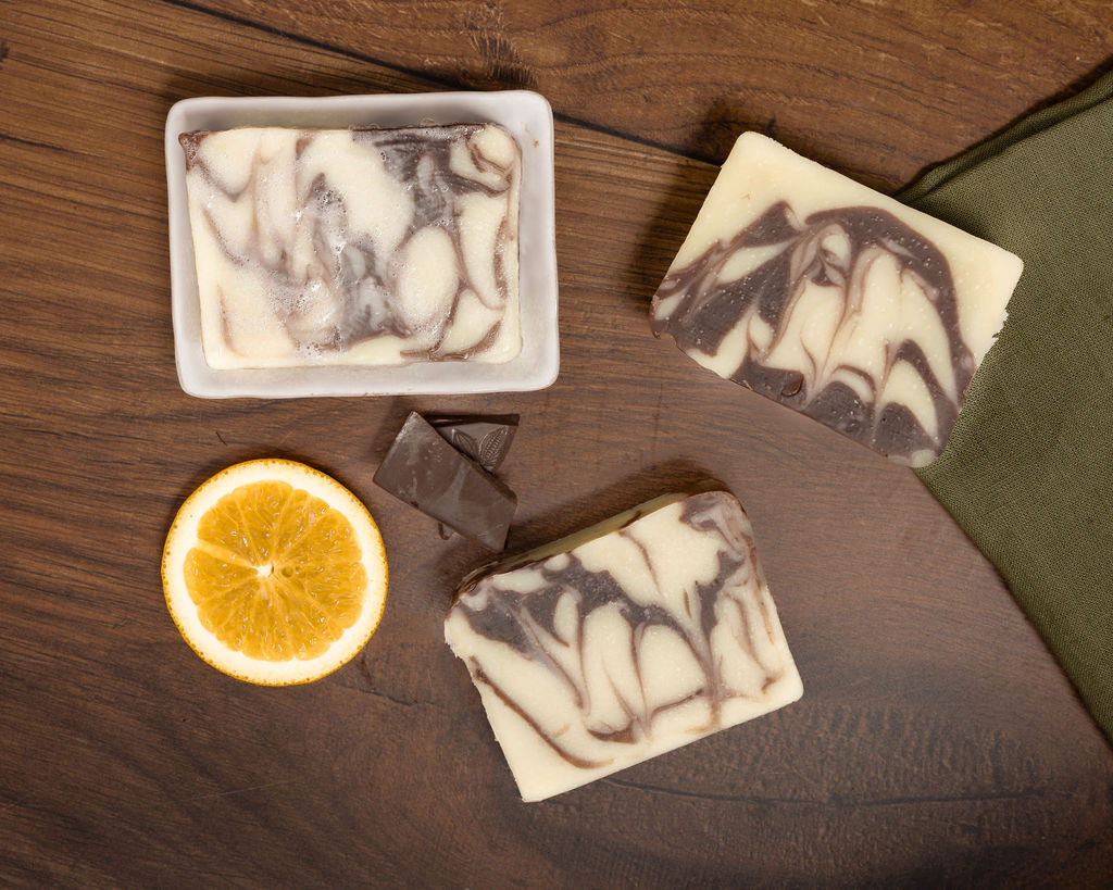 Handmade Chocolate Orange Soap with marbled swirl design