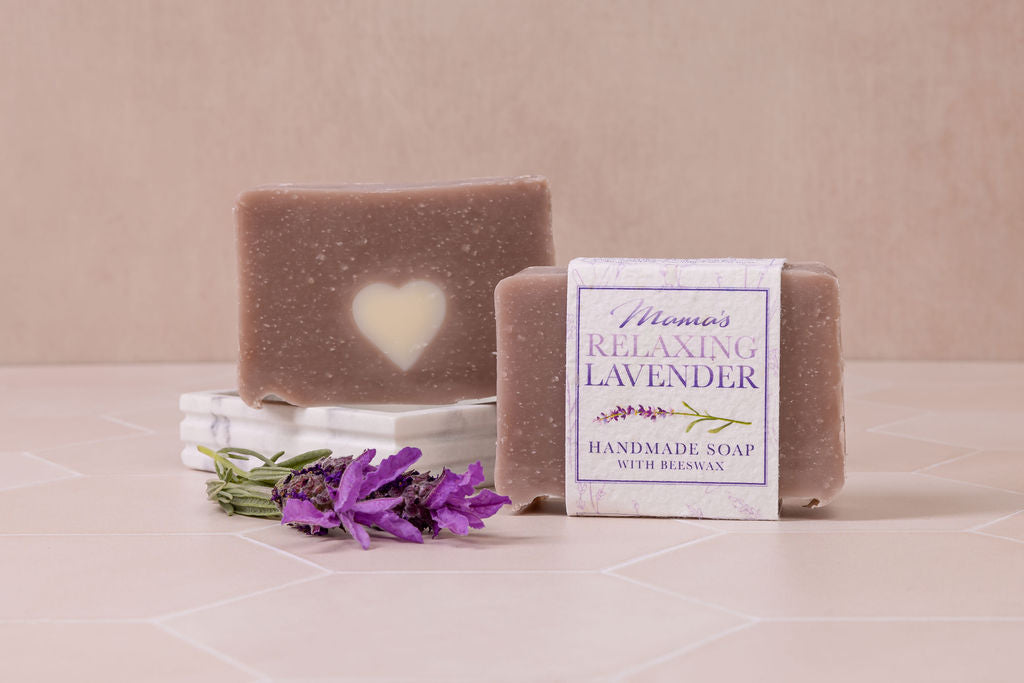 handmade beeswax  lavender soap, with a seeded paper label