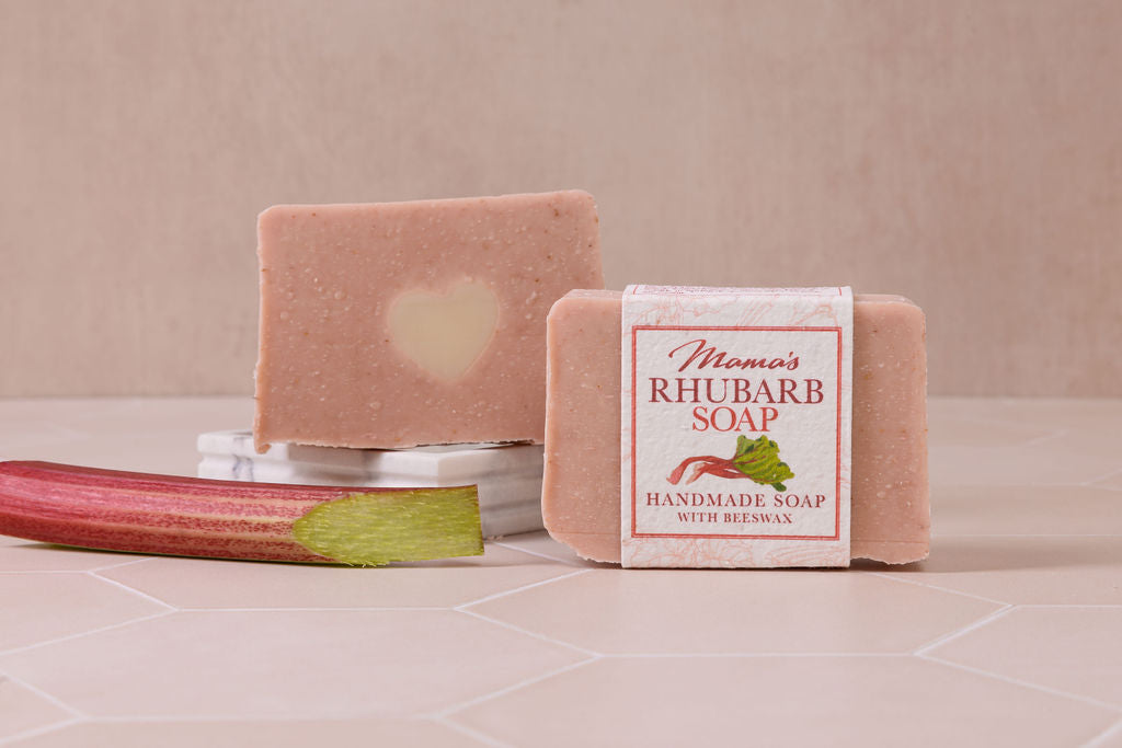 handmade beeswax Rhubarb soap, with a seeded paper label