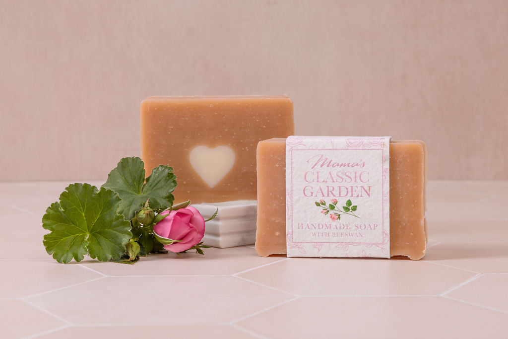 handmade beeswax Rose geranium and Patchouli soap, with a seeded paper label