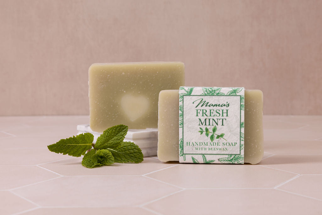 handmade beeswax  Spearmint and Peppermint soap, with a seeded paper label