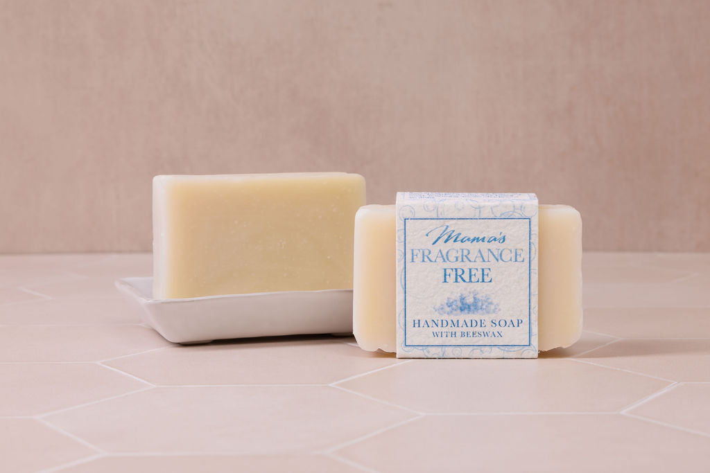 handmade beeswax fragrance free soap, great for really sensitive skins, with a seeded paper label