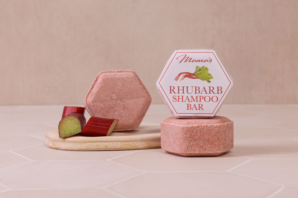 handmade honey shampoo bar for shiny hair, fragranced with Rhubarb