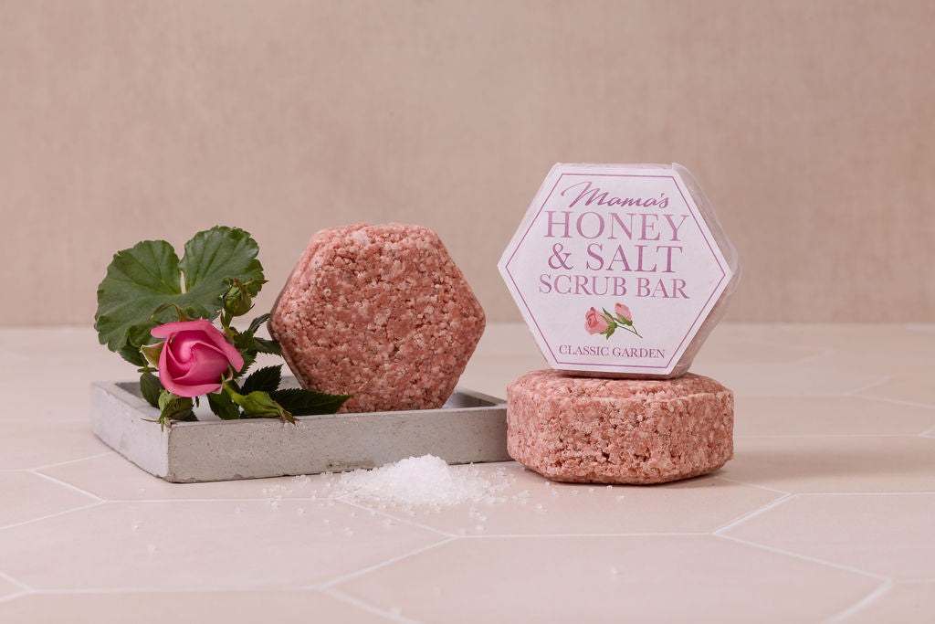 handmade honey salt exfoliating scrub bar, fragranced with Rose Geranium and Patchoulli essential oil
