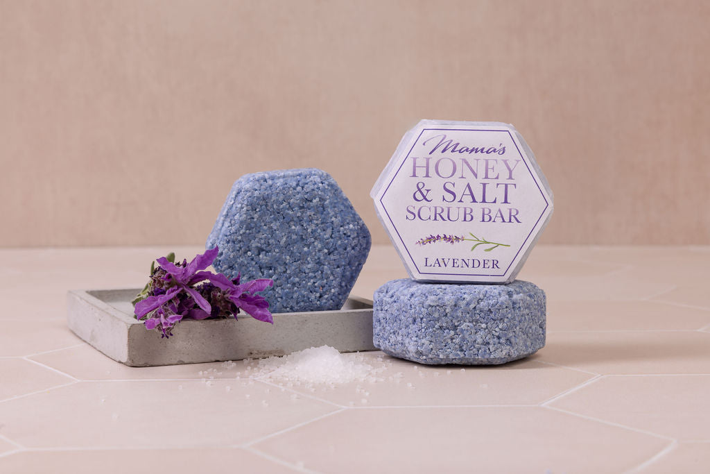 handmade honey salt exfoliating scrub bar, fragranced with Lavender essential oil