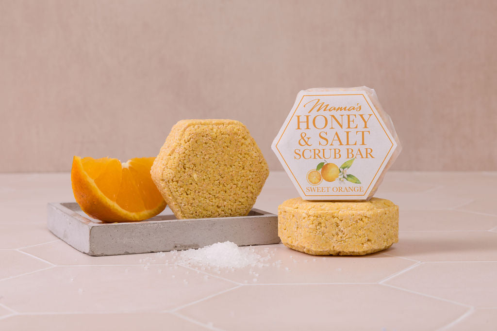 handmade honey salt exfoliating scrub bar, fragranced with Sweet Orange essential oil