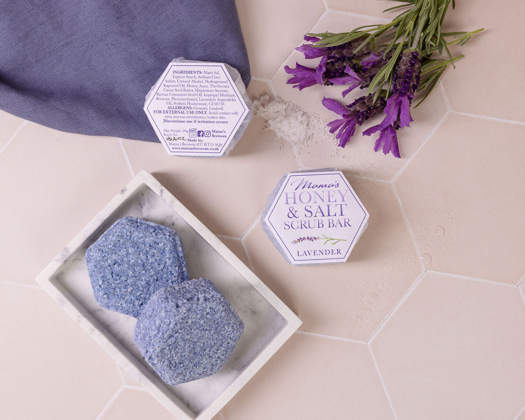 handmade honey salt exfoliating scrub bar, fragranced with Lavender essential oil