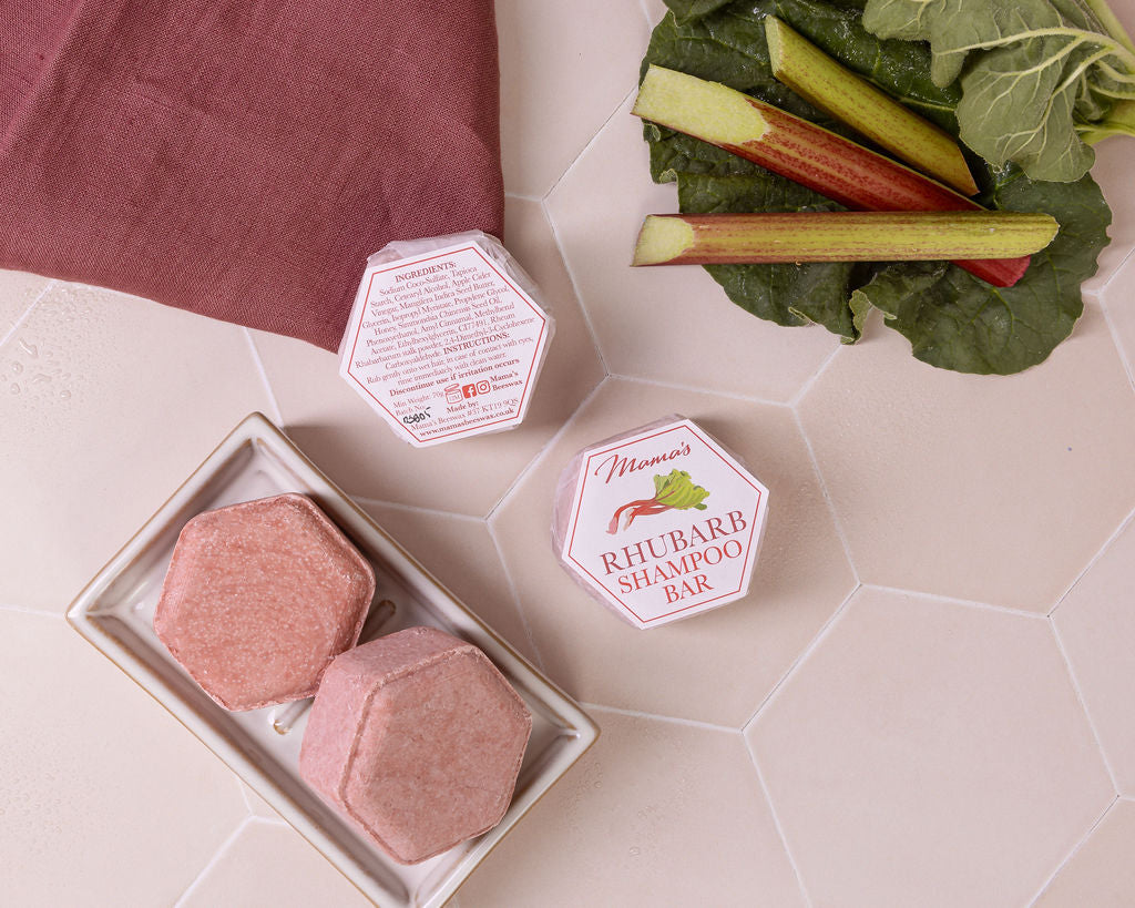 handmade honey shampoo bar for shiny hair, fragranced with Rhubarb