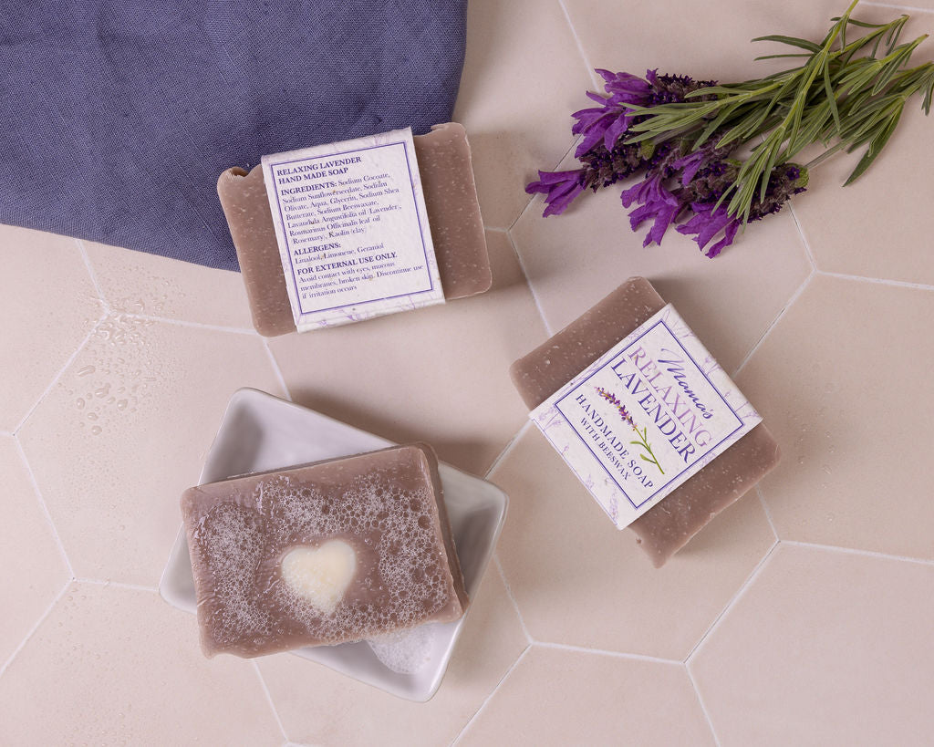 handmade beeswax  lavender soap, with a seeded paper label