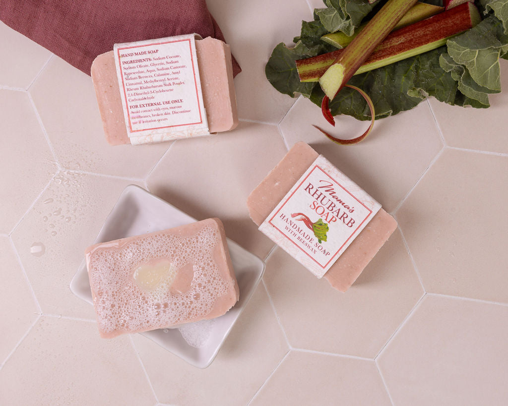 handmade beeswax Rhubarb soap, with a seeded paper label