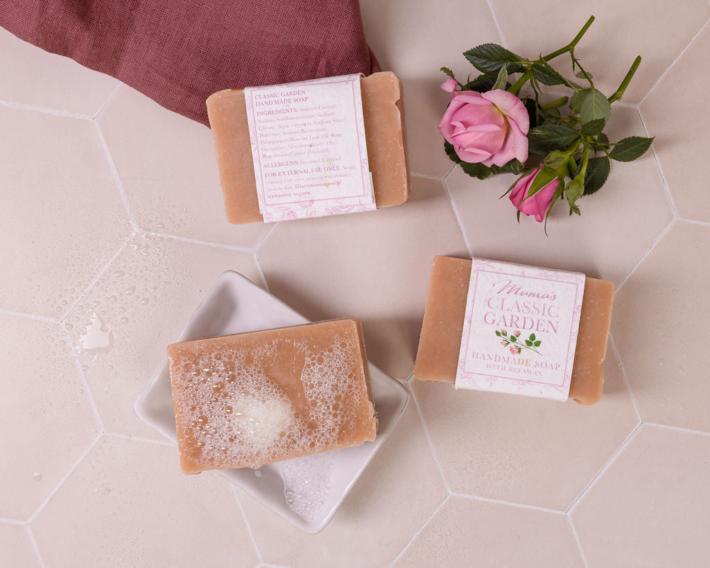 handmade beeswax Rose geranium and Patchouli soap, with a seeded paper label