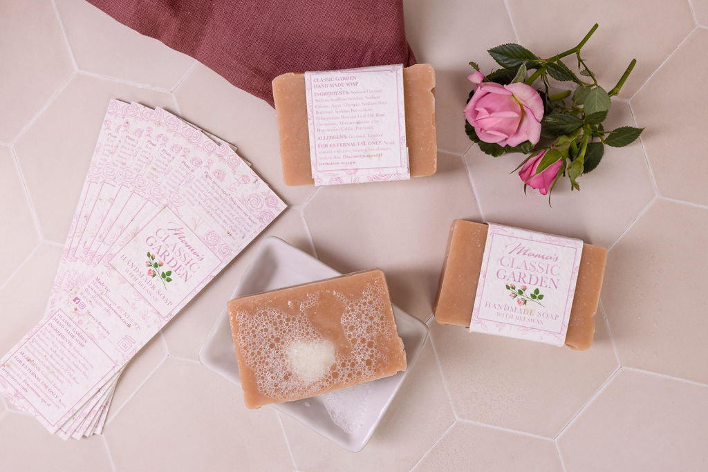 handmade beeswax Rose geranium and Patchouli soap, with a seeded paper label
