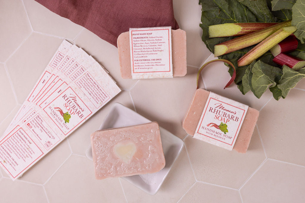 handmade beeswax Rhubarb soap, with a seeded paper label