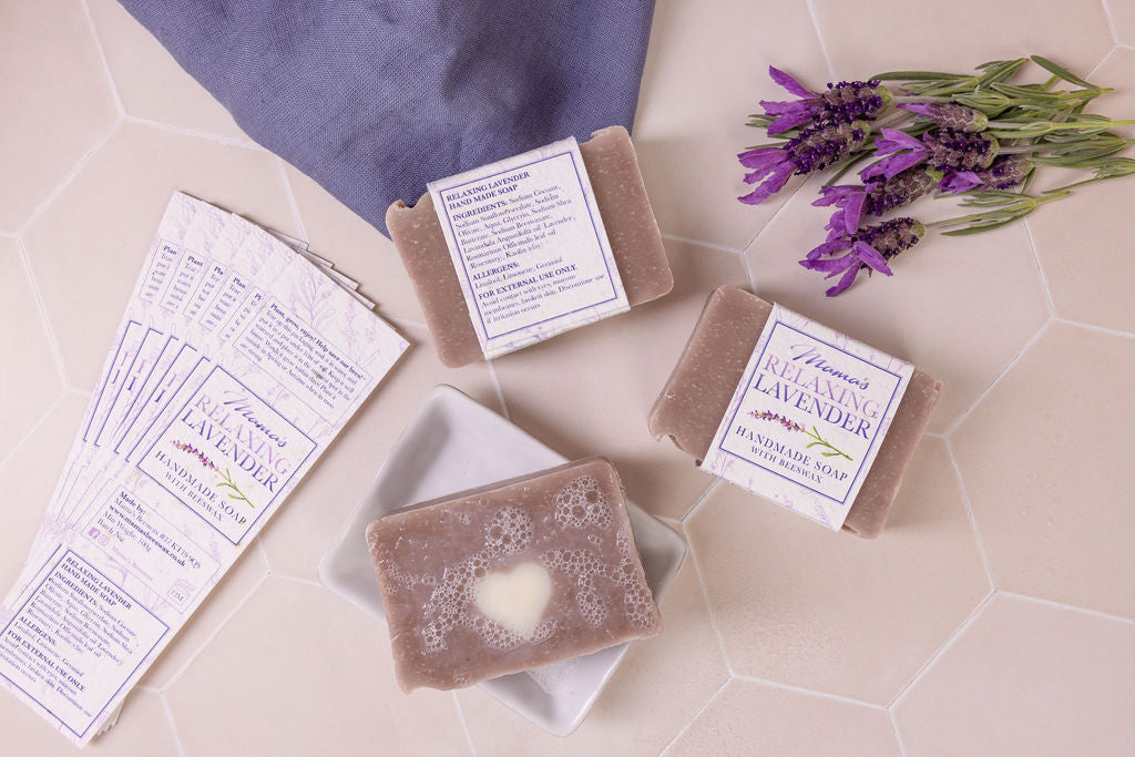 handmade beeswax  lavender soap, with a seeded paper label