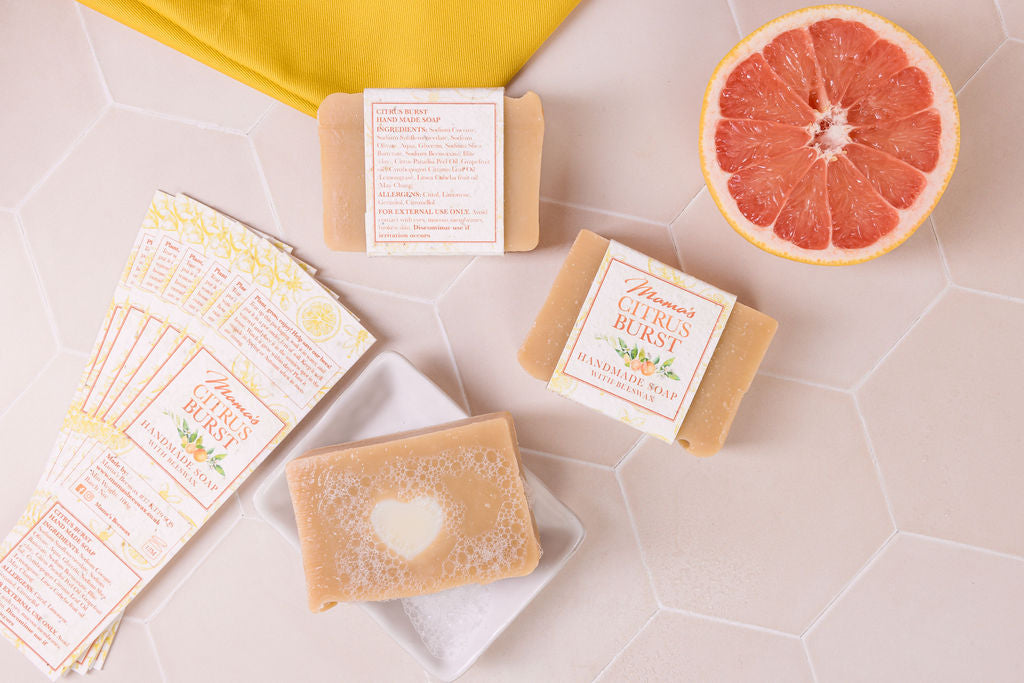 handmade beeswax grapefruit and lemongrass soap, with a seeded paper label