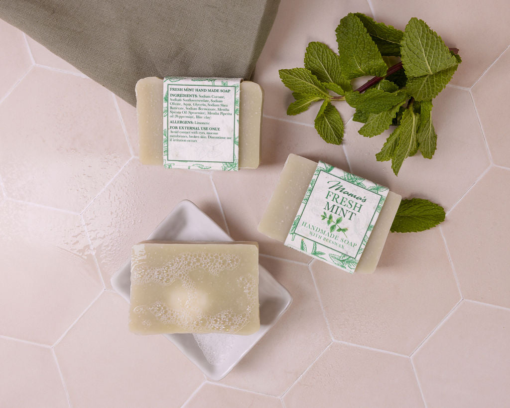 handmade beeswax  Spearmint and Peppermint soap, with a seeded paper label