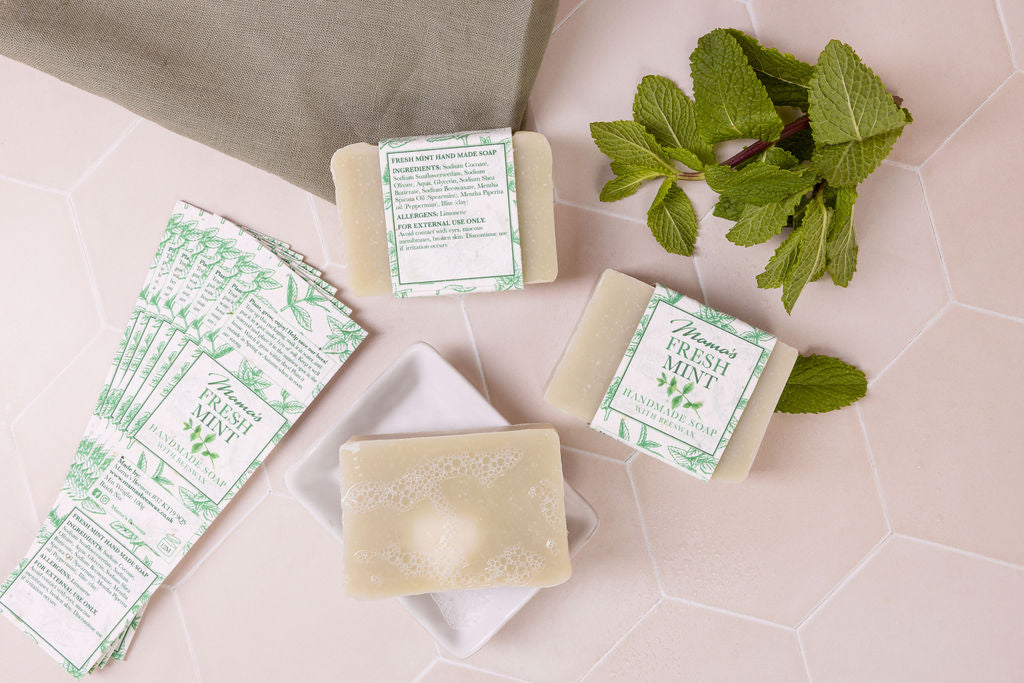 handmade beeswax  Spearmint and Peppermint soap, with a seeded paper label