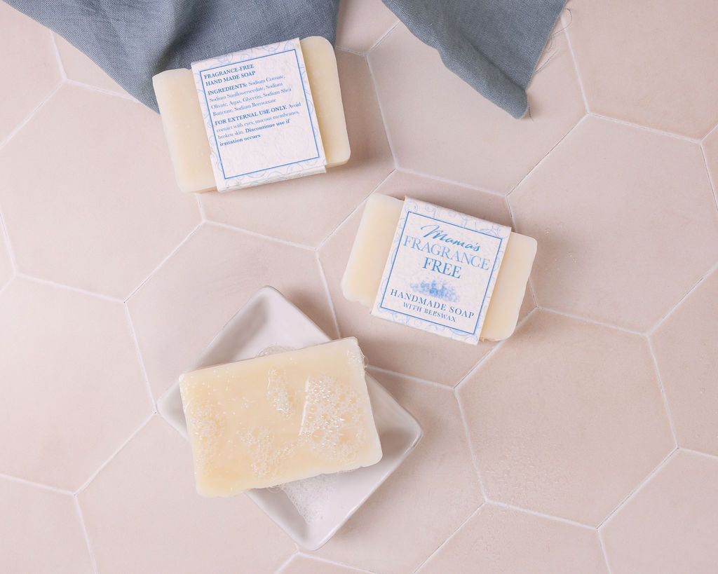 handmade beeswax fragrance free soap, great for really sensitive skins, with a seeded paper label