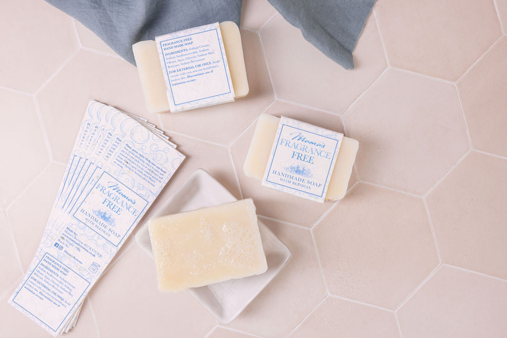 handmade beeswax fragrance free soap, great for really sensitive skins, with a seeded paper label