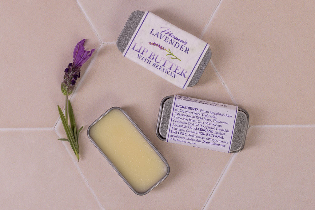 lip butter with beeswax and  lavender in plastic-free packaging and a seeded paper label