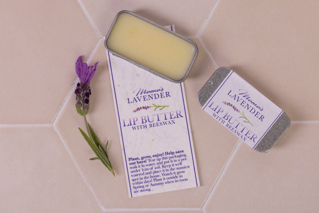 lip butter with beeswax and  lavender in plastic-free packaging and a seeded paper label