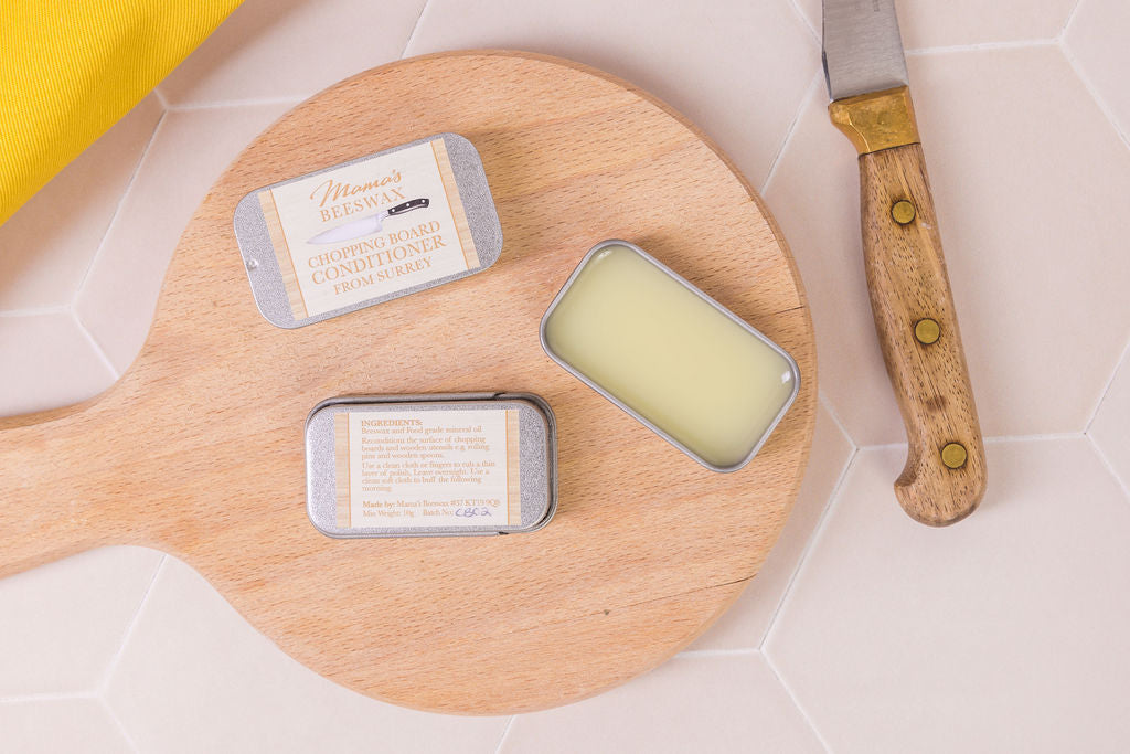 Mama’s Beeswax chopping board Conditioner in a recyclable tin for nourishing wooden kitchenware