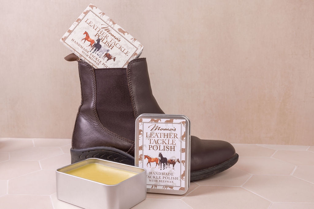 Mama’s Beeswax Tack polish in recyclable tin with plantable paper wrap. Natural leather balm with olive oil, beeswax & essential oils for deep conditioning