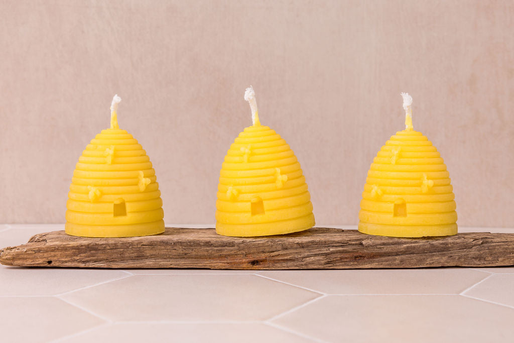 Beautifully detailed skep hive pure beeswax candle, perfect for décor or gifting