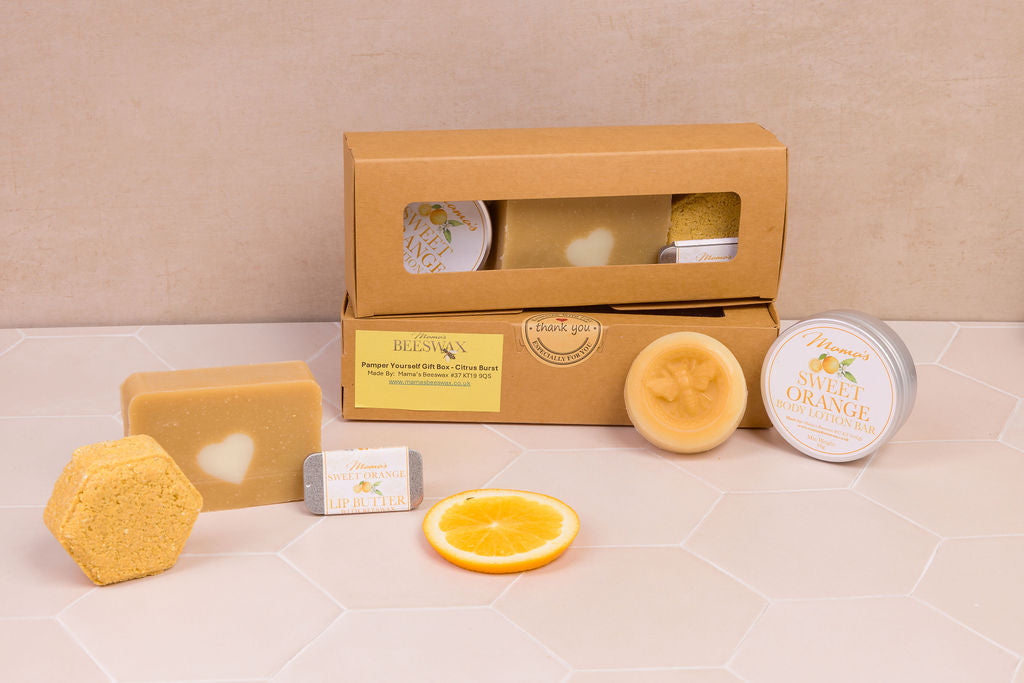 Handmade beeswax skincare products in recyclable kraft box