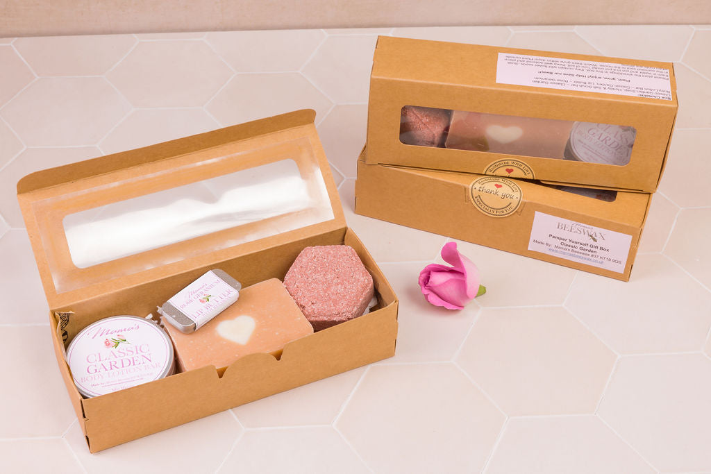 Handmade beeswax skincare products in recyclable kraft box