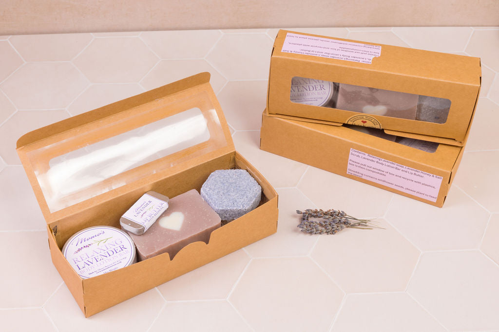 Eco-friendly gift box with lavender soap, lotion bar, scrub & lip butter