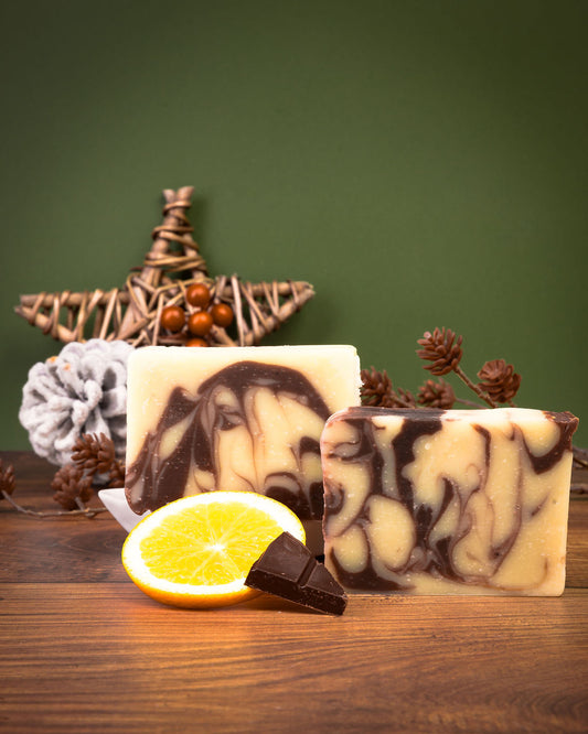 Handmade Chocolate Orange Soap with marbled swirl design